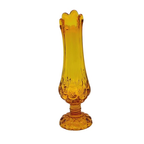 Vintage 12" Kanawha Cadmium Amber Glass Moon and Stars Footed Swung Vase UV Glow - Picture 7 of 13